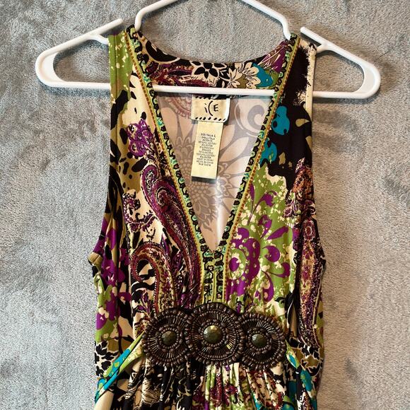 Y2K Boho Maxi Dress‎ Size Empire Waist Beaded Accent Hippie Gypsy Floral Size LG - Picture 2 of 6